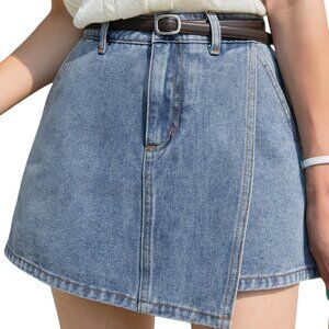 Y2K Women's High Waisted Denim Skort Wrap Hem Asymmetrical Jean Mini Skirt Short